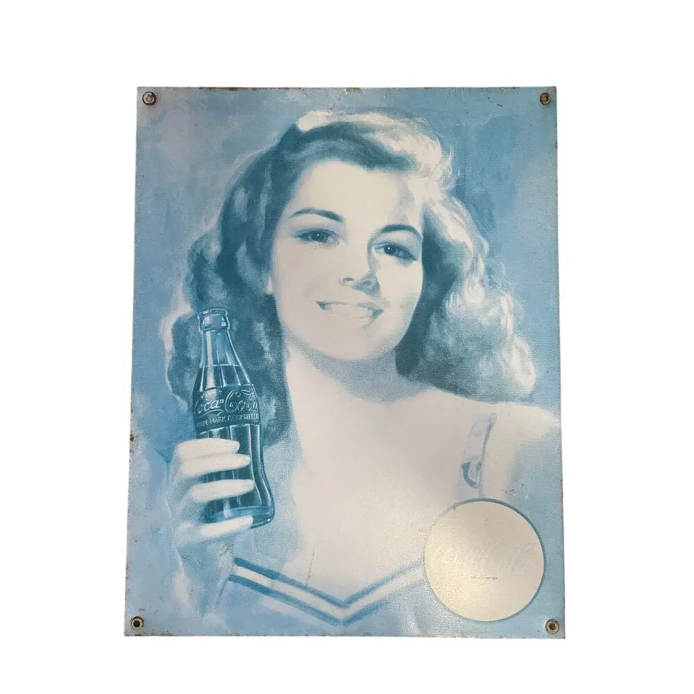 Sign Coca-Cola Beautiful Brunette Metal Tin Desperate Enterprises Blue